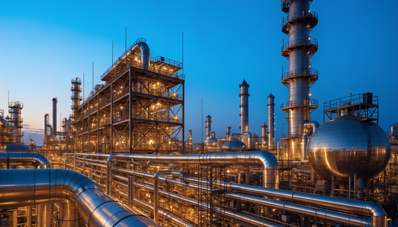 dramatic wide shot of a complex industrial oil refinery at dusk with golden lights reflecting on metallic pipes and structures