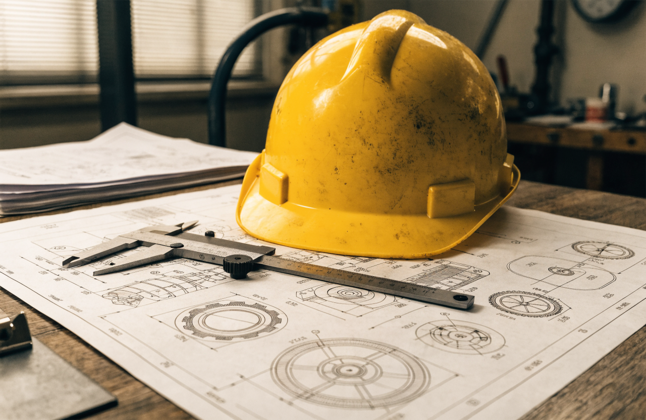 close-up of industrial technical blueprints with a pair of calipers and a protective hard hat on a wooden desk