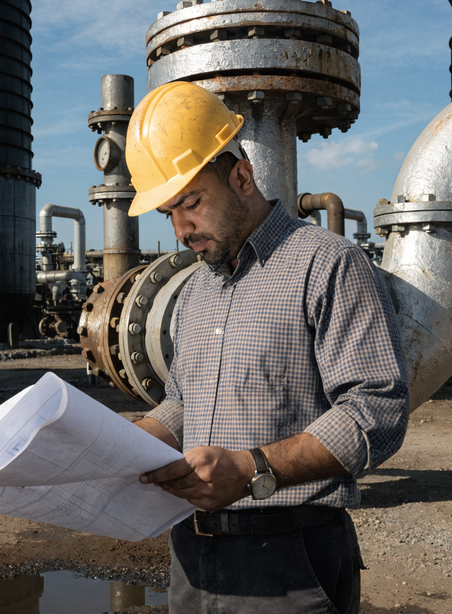 technical engineer in hard hat and safety gear reviewing blueprint documents in front of heavy industrial machinery