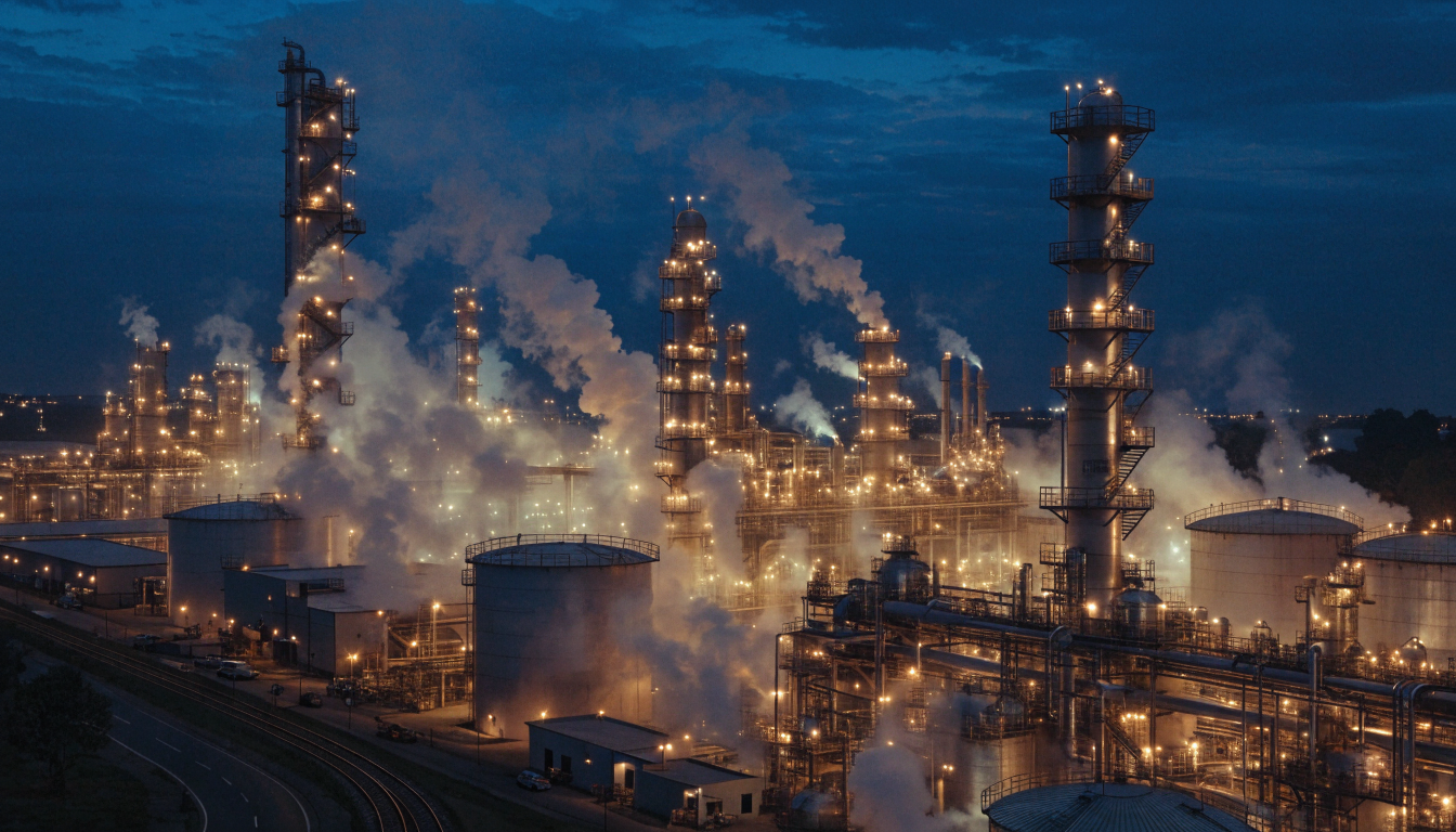 dramatic industrial view of an oil refinery at night with glowing lights and steam against a deep blue sky
